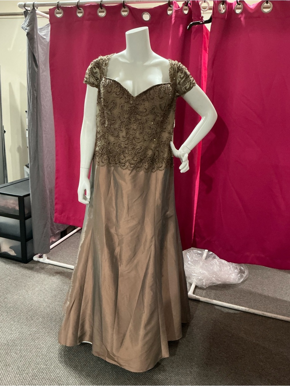 Beaded Cap-Sleeve Maxi Dress in Taupe